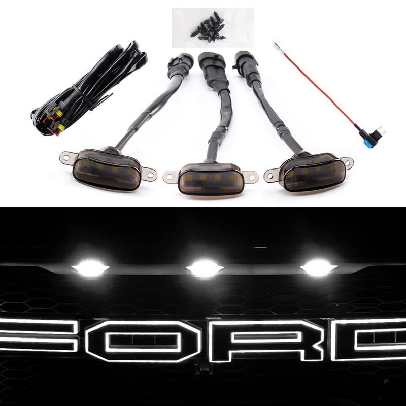 AUXLIGHT Car Accessories 3PCS LED Grille Lights with Fuse Wire Compatible 20042019 ford F150 Raptor Style Aftermarket Grill 20132018 Ram 1500 Grill White