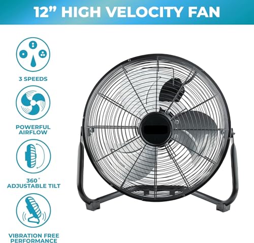EZ-CHILL EZCHILL 12 Cradle Floor Fan 3 Speed High Velocity 180 Degree Adjustable Tilt AllMetal Carry Handle Rubber Feet Airflow 1542 ftsec Ideal for Home Bedroom Office Black - Image 3