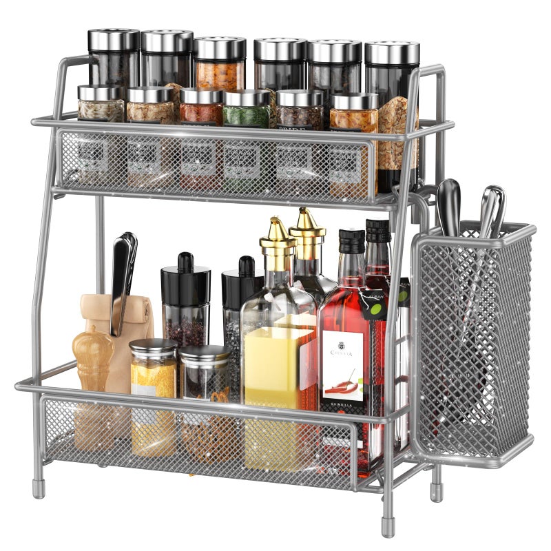 LEMIKKLE Spice Rack Organizer for Kitchen Counter Spices Organizer and Storage Seasoning Organizer for Cabinet Kitchen Metal Countertop Organizer with Side Basket Grey