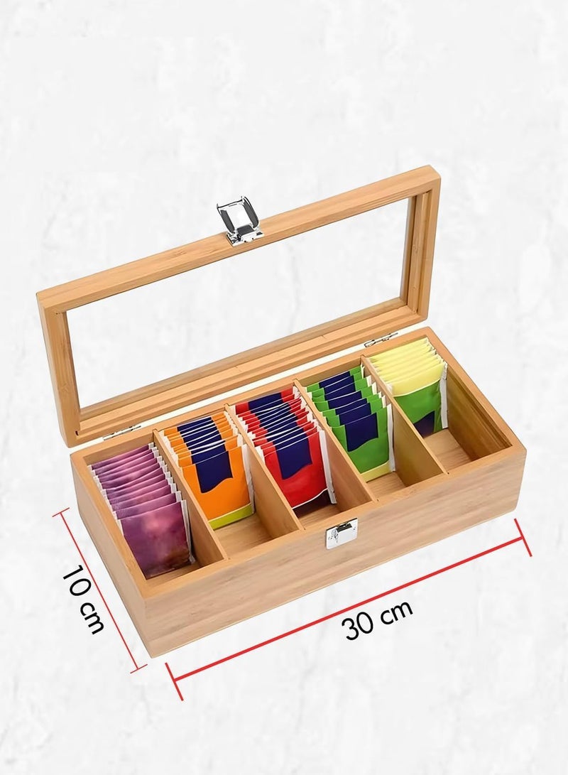 بيوينتي منظم اكياس الشاي - صندوق تخزين شاي خشبي - صندوق تخزين مع غطاء مفصلي شفاف لاي مطعم منزلي او مكتب - لون خشبي - Image 4