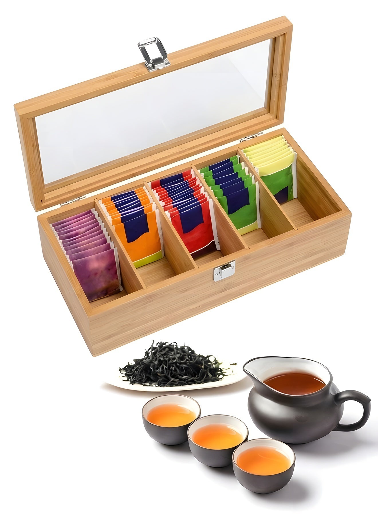 Tea Bag Organizer - Tea Storage Chest Case Wooden Tea Bag - Storage Box with Transparent Hinged Lid for Any Home Restaurant, Office - Wooden Color