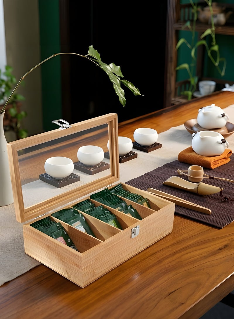 Beauenty Tea Bag Organizer - Tea Storage Chest Case Wooden Tea Bag - Storage Box with Transparent Hinged Lid for Any Home Restaurant, Office - Wooden Color - Image 5