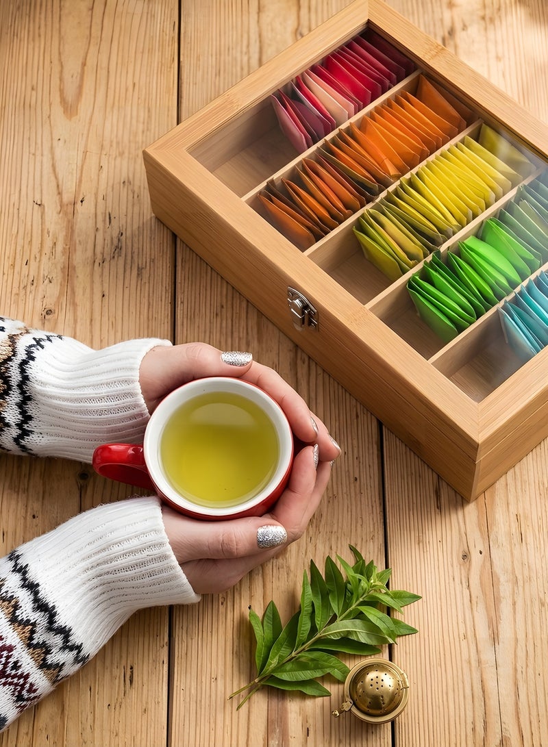 Beauenty Tea Bag Organizer - Tea Storage Chest Case Wooden Tea Bag - Storage Box with Transparent Hinged Lid for Any Home Restaurant, Office - Wooden Color - Image 2