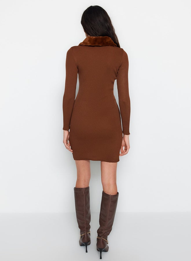 trendyol Brown Mini Knitwear Faux Fur Detail Dress TWOAW24EL00022 - Image 5
