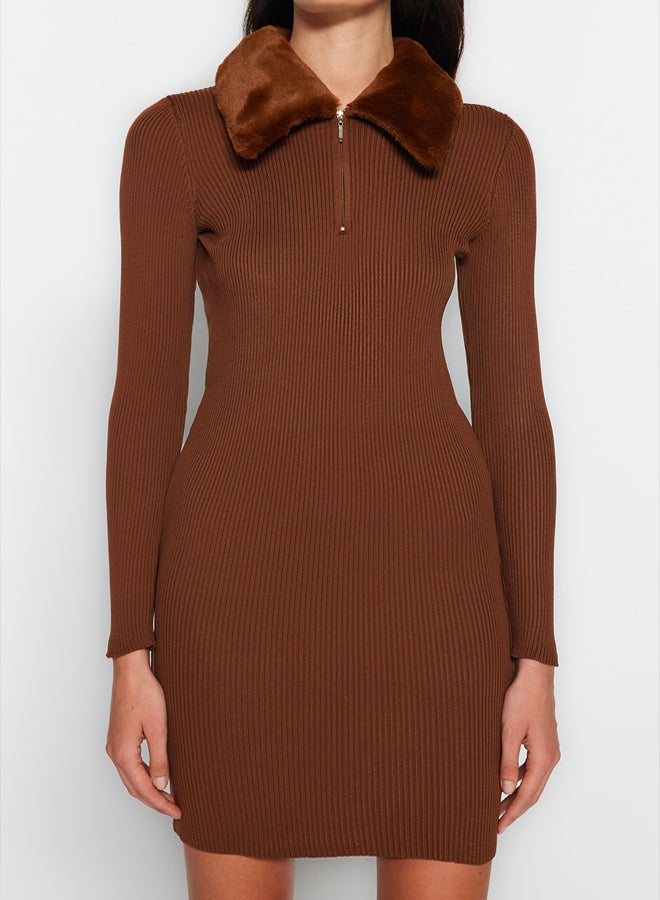 trendyol Brown Mini Knitwear Faux Fur Detail Dress TWOAW24EL00022 - Image 4