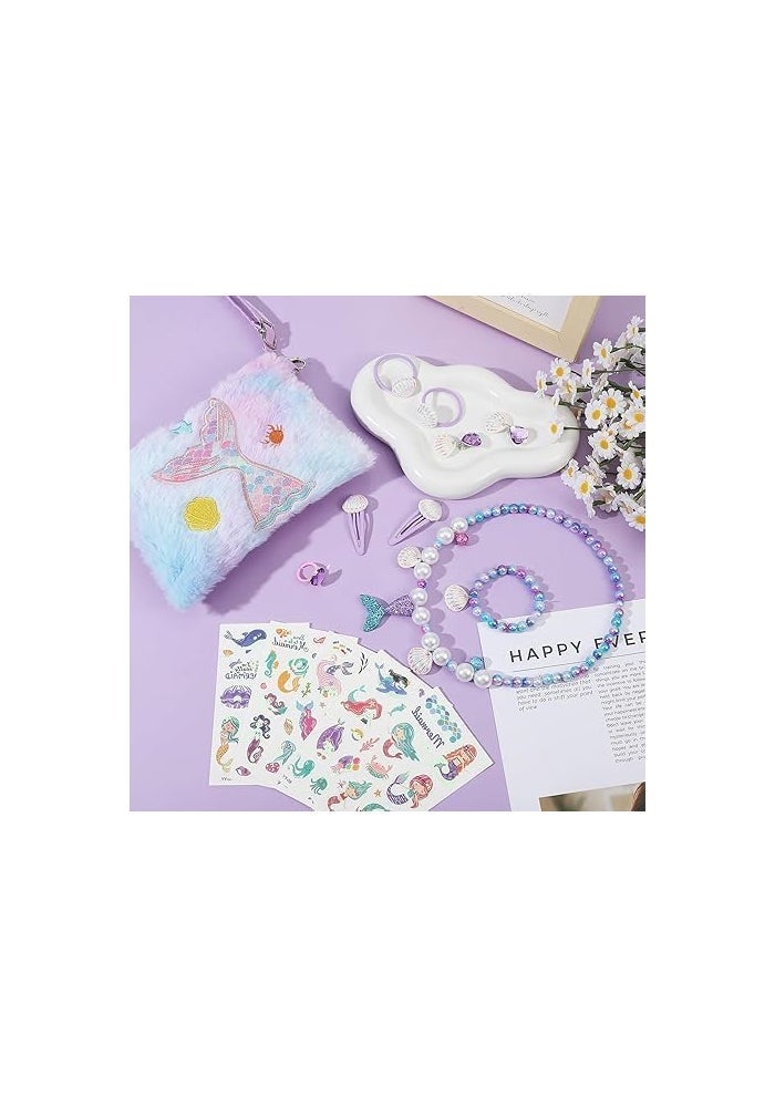 KASTWAVE Mermaid Jewelry Set for Girls with Plush Bag and Temporary Tattoos - 15-Piece Dress-Up Accessories - Image 4