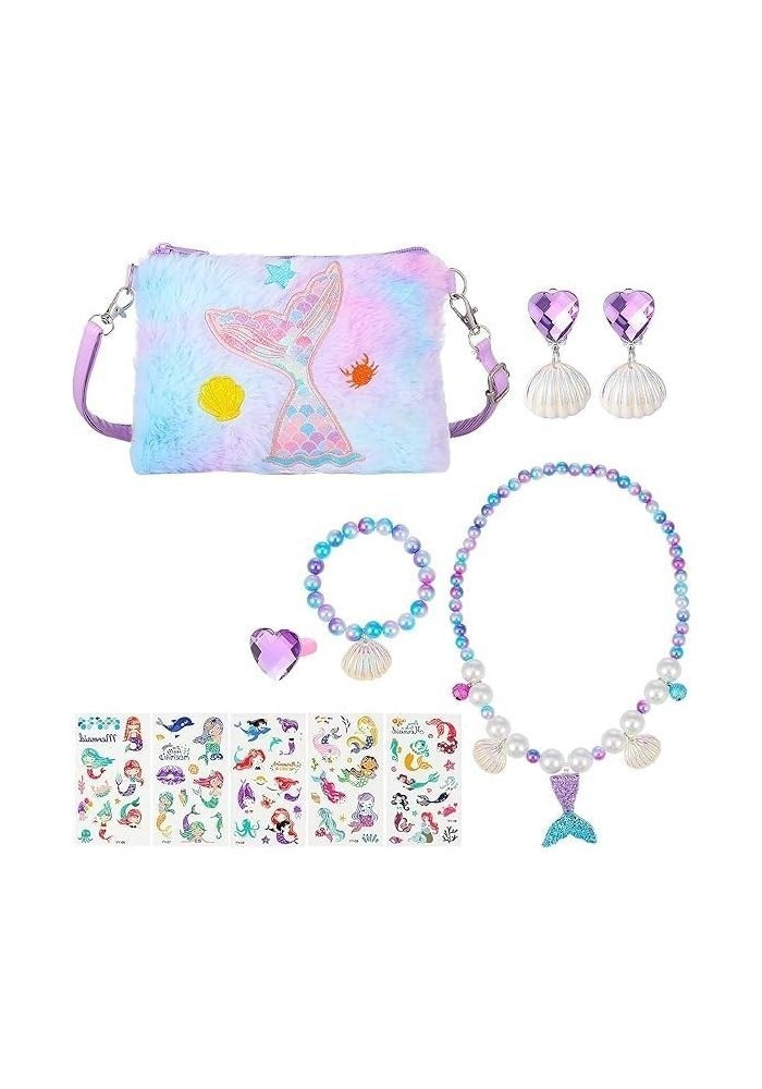 KASTWAVE Mermaid Jewelry Set for Girls with Plush Bag and Temporary Tattoos - 15-Piece Dress-Up Accessories - Image 1