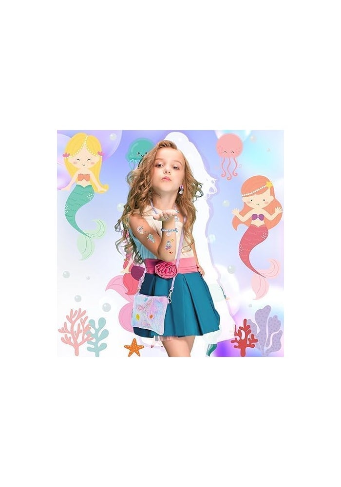 KASTWAVE Mermaid Jewelry Set for Girls with Plush Bag and Temporary Tattoos - 15-Piece Dress-Up Accessories - Image 5