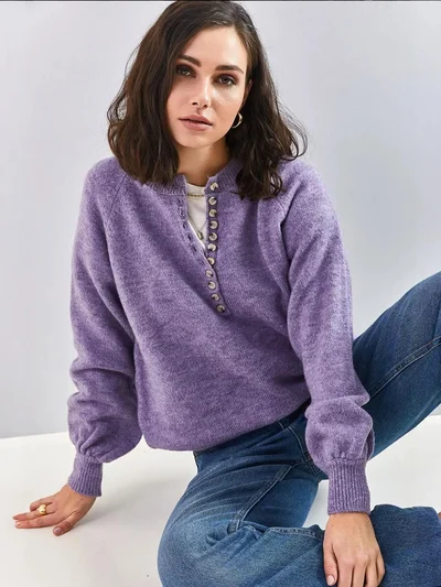 Bianco Lucci Button Collar Relaxed Fit Knit Sweater
