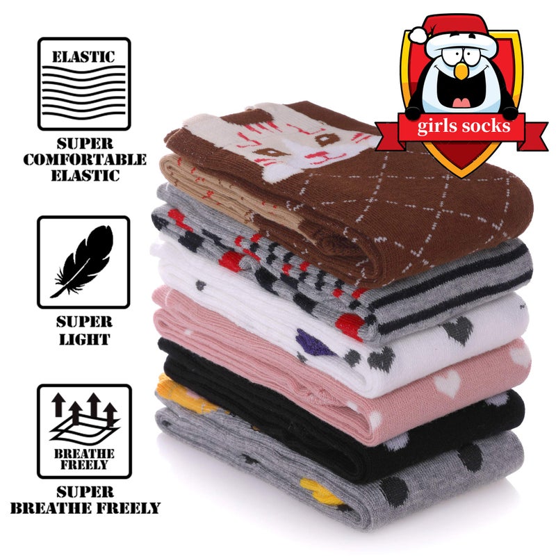 FNOVCO Girls Knee High Socks Kids Crazy Fun Gift Cute Animal Patterns Cotton Long Socks 6 Pairs (6 Pairs Cat) - Image 3