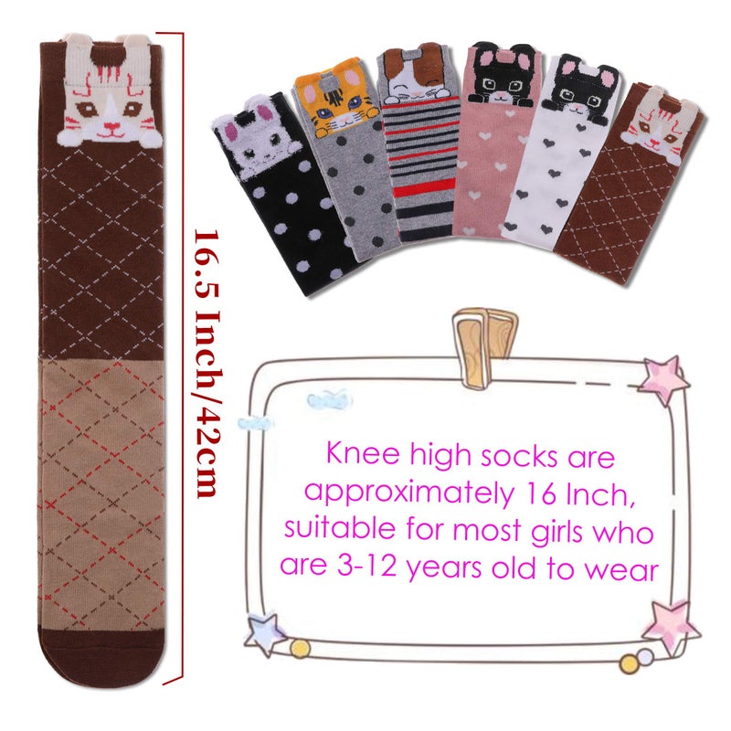 FNOVCO Girls Knee High Socks Kids Crazy Fun Gift Cute Animal Patterns Cotton Long Socks 6 Pairs (6 Pairs Cat) - Image 4