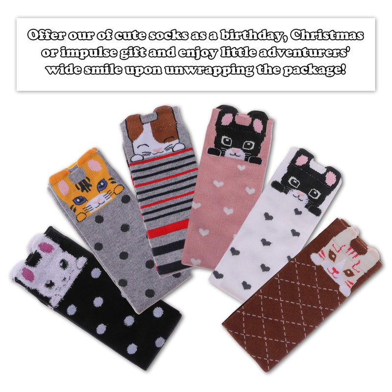 FNOVCO Girls Knee High Socks Kids Crazy Fun Gift Cute Animal Patterns Cotton Long Socks 6 Pairs (6 Pairs Cat) - Image 2