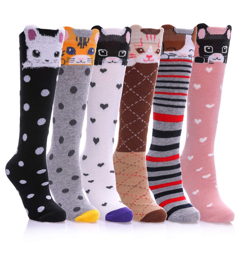 FNOVCO Girls Knee High Socks Kids Crazy Fun Gift Cute Animal Patterns Cotton Long Socks 6 Pairs (6 Pairs Cat) - Image 1