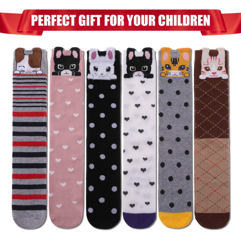 FNOVCO Girls Knee High Socks Kids Crazy Fun Gift Cute Animal Patterns Cotton Long Socks 6 Pairs (6 Pairs Cat) - Image 5
