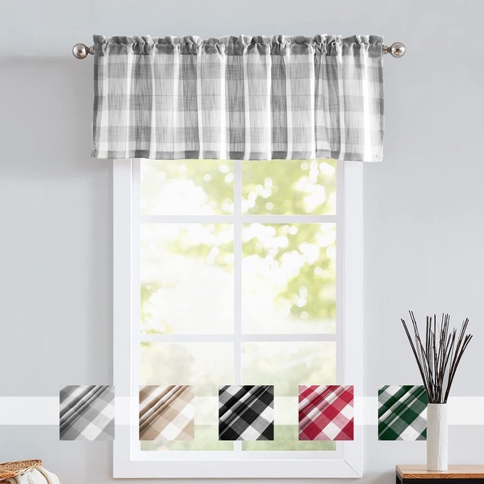 GREY WHITE BUFFALO CHECK VALANCE CURTAINS FOR KITCHEN WINDOW TOP PLAID FARMHOUSE VALANCES FOR LIVING ROOM BEDROOM 52 W X 15INCH 1 PANEL