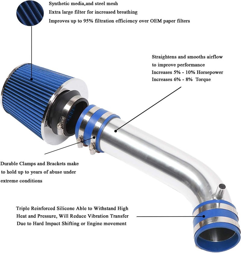 MOOSUN 3 Inch Cold Air Intake Pipe with Filter for Infiniti FX35, G35 & Nissan 350Z 3.5L V6 (Blue) - Image 2