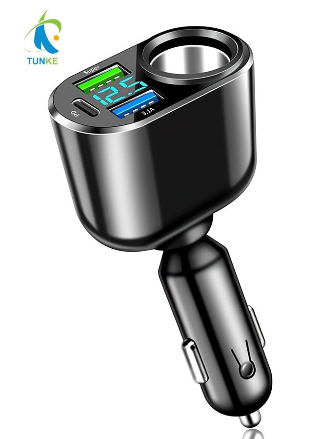 TUNKE 66W Car Charger Adapter, 12V/24V 3A Fast Charging Adapter with LED Voltage Display and USB PD3.0 Ports Cigarette Lighter Socket Splitter for iPhone Samsung GPS All Auto Models - Image 1