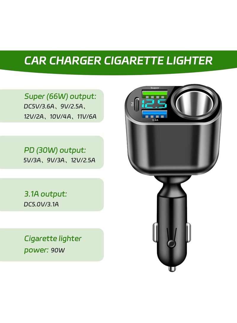 TUNKE 66W Car Charger Adapter, 12V/24V 3A Fast Charging Adapter with LED Voltage Display and USB PD3.0 Ports Cigarette Lighter Socket Splitter for iPhone Samsung GPS All Auto Models - Image 4