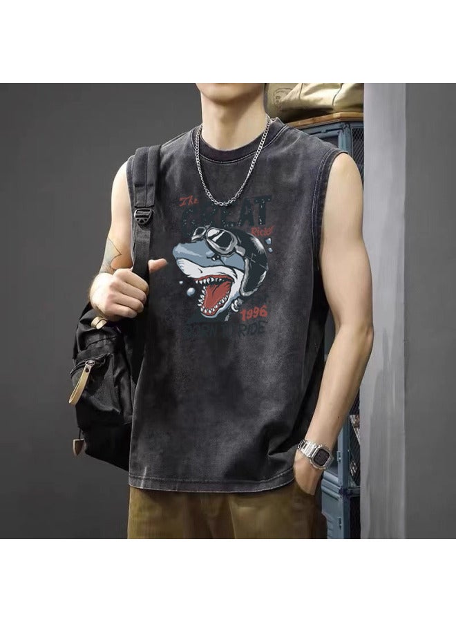 American Retro Heavyweight Oversized Sleeveless Vest Pure Cotton Printed Vest Men's Summer Streetwear Loose Sleeveless T-shirt