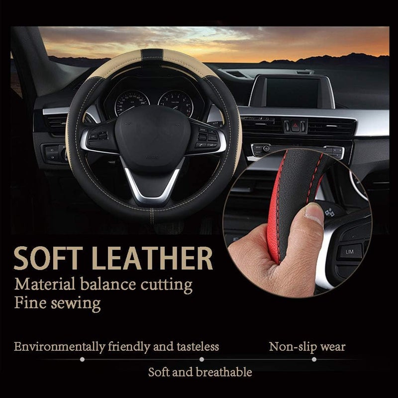 Coofig Leather Car Steering Wheel Covers Universal 37-38cm /15inch Breathable Anti-slip Protector Interior Accessories for Auto/Truck/SUV/Van for Men Women (Black beige) - Image 2