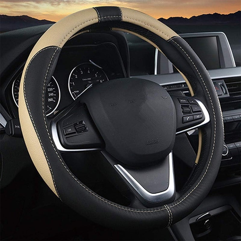 Coofig Leather Car Steering Wheel Covers Universal 37-38cm /15inch Breathable Anti-slip Protector Interior Accessories for Auto/Truck/SUV/Van for Men Women (Black beige) - Image 1