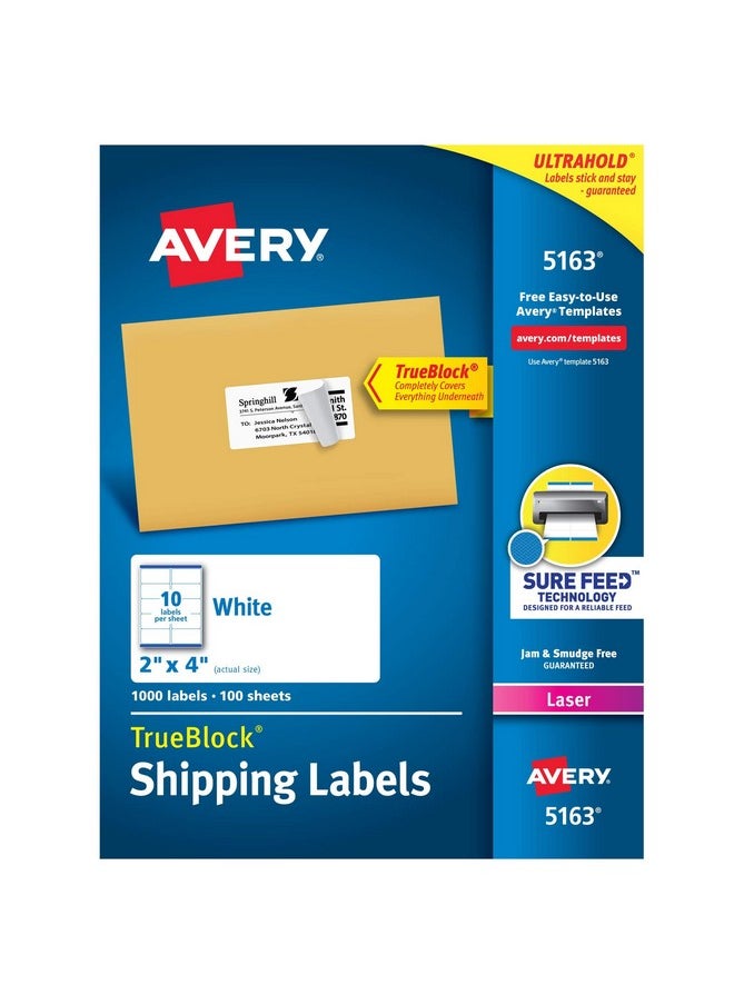 افيري ملصقات شحن قابلة للطباعة من Avery بتقنية Sure Feed، مقاس 2 بوصة × 4 بوصة، لون أبيض، 1000 ملصق بريد فارغ (5163)  - Image 1
