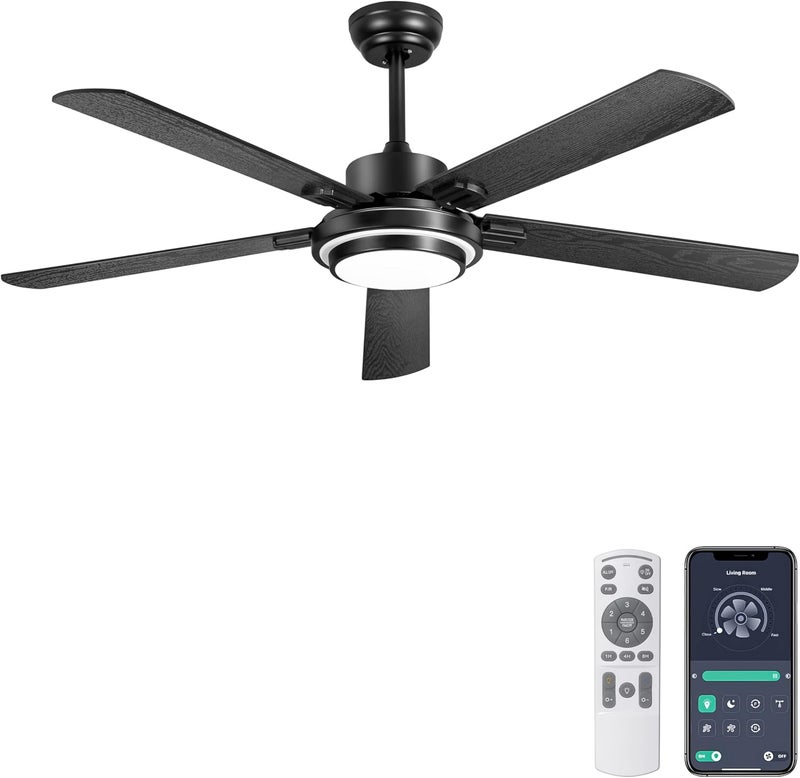 Ohniyou 52 Inch Ceiling Fan with Light & Remote Control, 6 Speed, Dimmable Light, Reversible, Silent DC Motor, Black Farmhouse Ceiling Fan for Indoor and Outdoor - Image 1