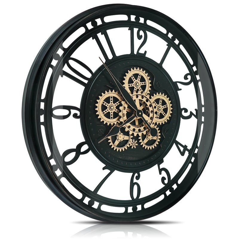DORBOKER Moving Gears Wall Clock Large Modern Metal Clocks for Living Room Decor Industrial Steampunk Unique Vintage Rustic Decorative Clock for Home Farmhouse Office 276 InchBlack Gold Arabic