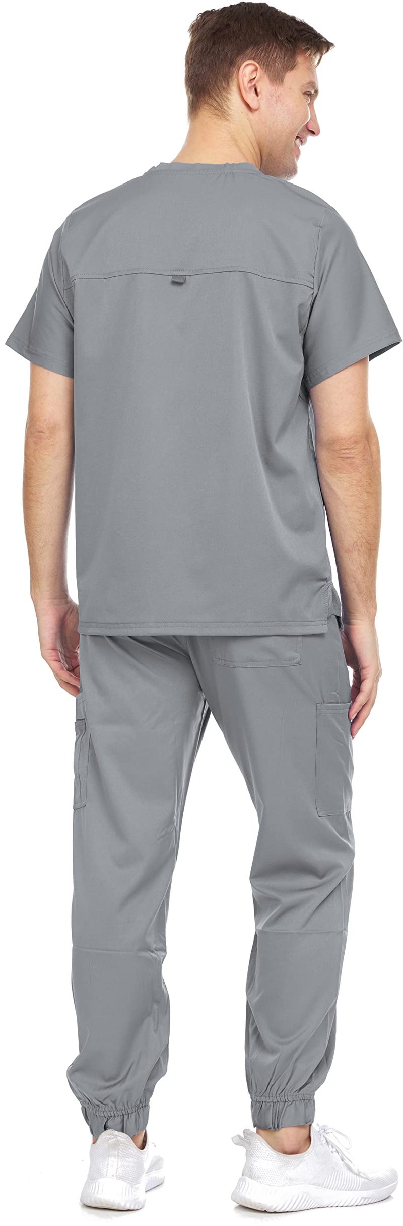 MediChic Men's Scrubs Set – Stretch V-Neck Workwear, 7-Pocket Jogger Pants, Flex Medical Uniforms, Grey XX-Large - Image 3