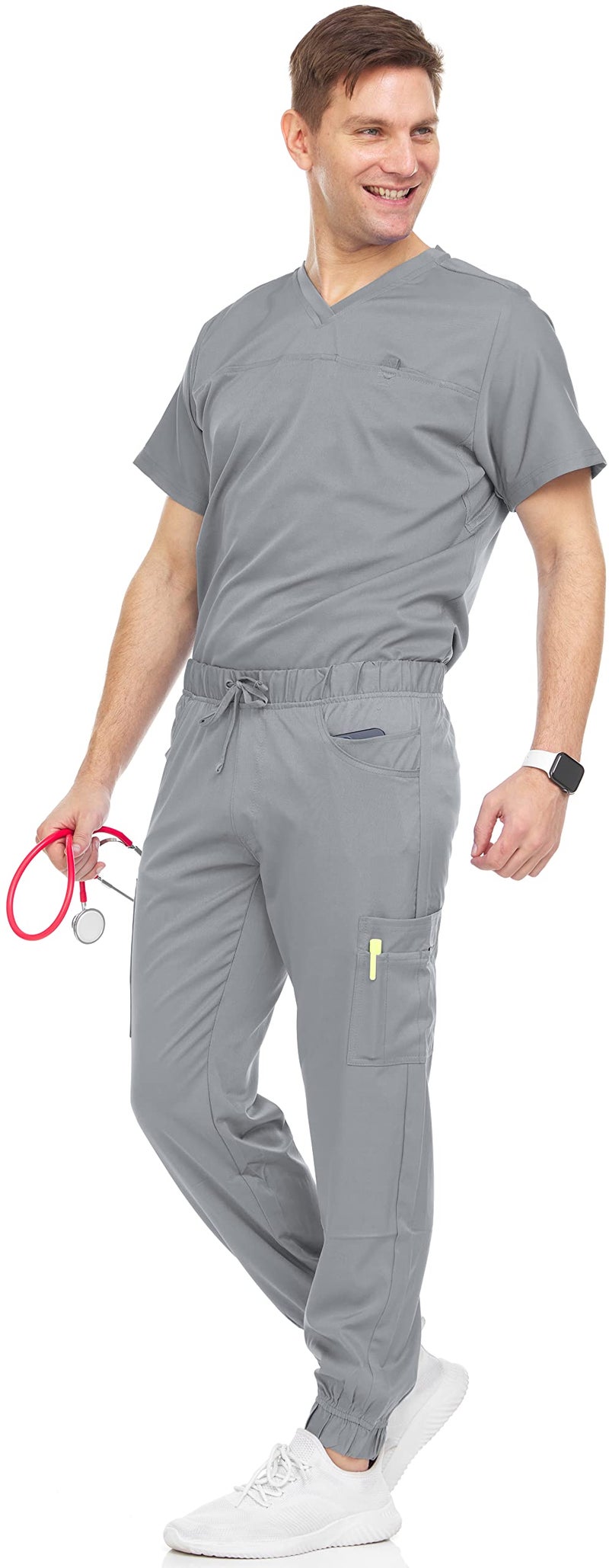 MediChic Men's Scrubs Set – Stretch V-Neck Workwear, 7-Pocket Jogger Pants, Flex Medical Uniforms, Grey XX-Large - Image 1