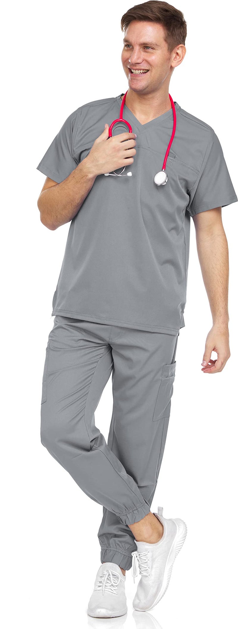MediChic Men's Scrubs Set – Stretch V-Neck Workwear, 7-Pocket Jogger Pants, Flex Medical Uniforms, Grey XX-Large - Image 2