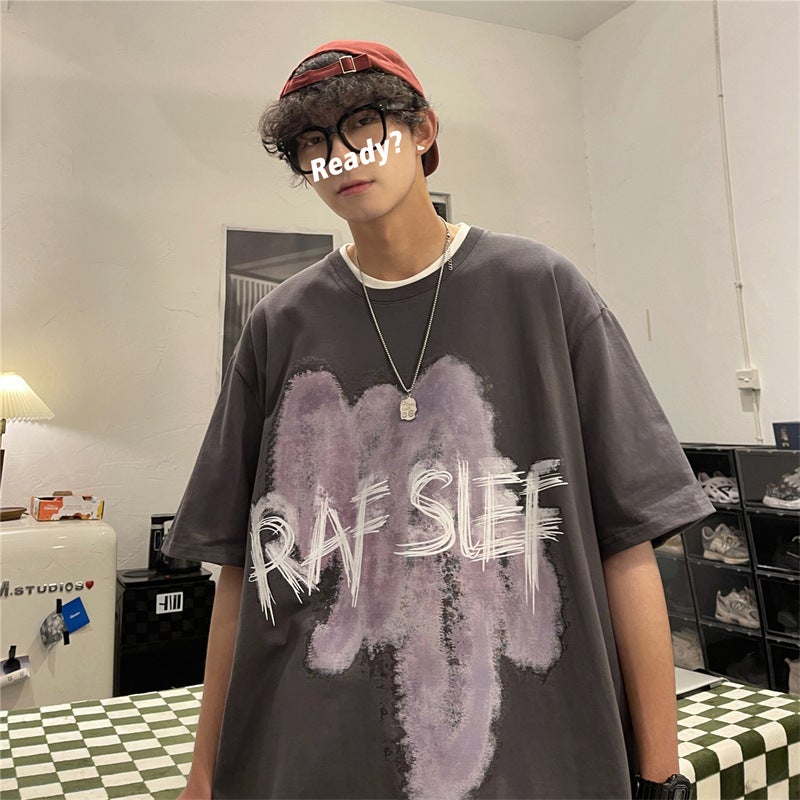 Hong Kong Style oversize Mens T-Shirt Summer All-match Half-sleeve Design Sense Niche Short-sleeve Loose Internet Popular Brand Clothes Grey  - Image 1