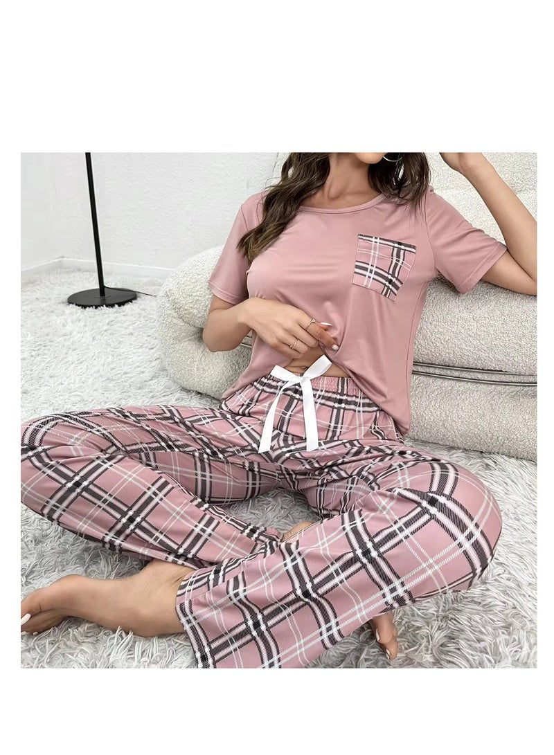 Elegant women's light pink pajama set with pocket square and patterned pants - Image 4