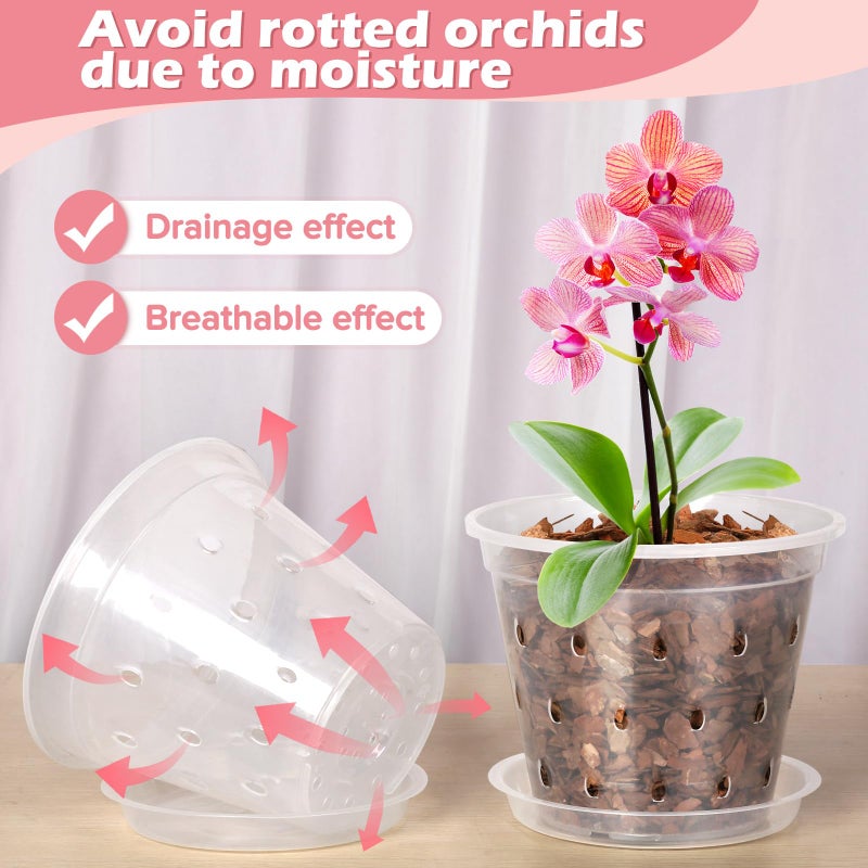 FUIJOL Orchid Pot, 6 Pack 5 Inch Clear Orchid Pots with Holes and Saucers for Repotting, Breathable Slotted Plastic Orchid Planters with Drainage for Root Health Indoor Outdoor (5 Inch) - Image 3