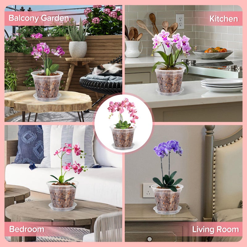 FUIJOL Orchid Pot, 6 Pack 5 Inch Clear Orchid Pots with Holes and Saucers for Repotting, Breathable Slotted Plastic Orchid Planters with Drainage for Root Health Indoor Outdoor (5 Inch) - Image 5