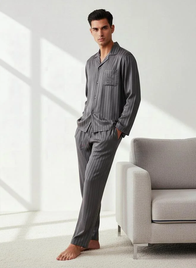Splash FAV Men Modal Striped Button Front Nightwear Set
