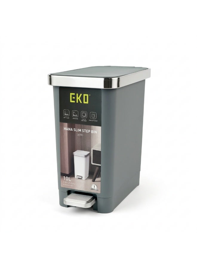 EKO Hana Slim Step Bin 10L | Compact Hands Free Foot Pedal Trash Can | Soft Close Lid with Stay Open Feature | Space Efficient Design for Bathroom and Small Spaces | Grey - Image 1