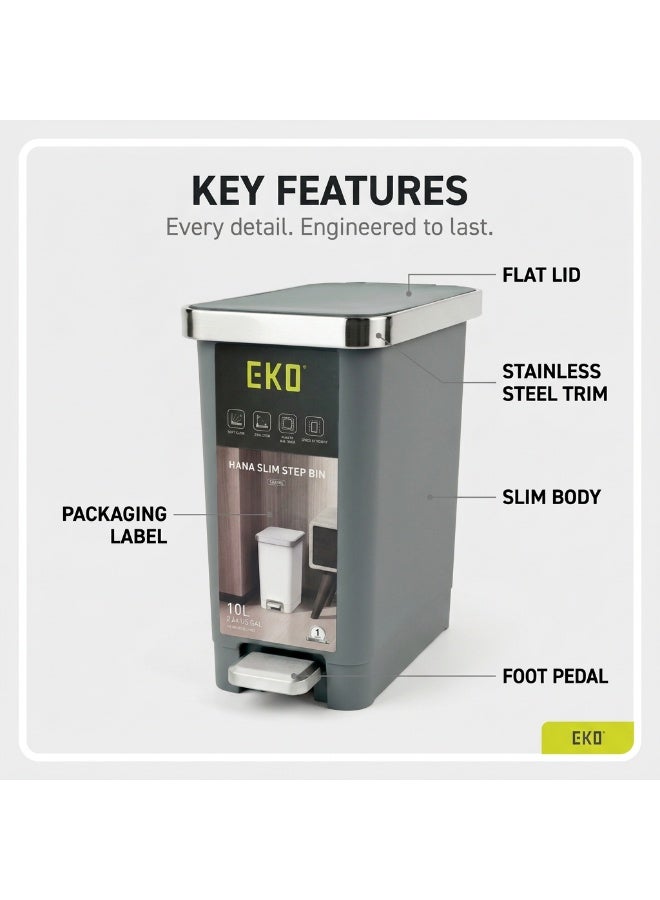 EKO Hana Slim Step Bin 10L | Compact Hands Free Foot Pedal Trash Can | Soft Close Lid with Stay Open Feature | Space Efficient Design for Bathroom and Small Spaces | Grey - Image 2