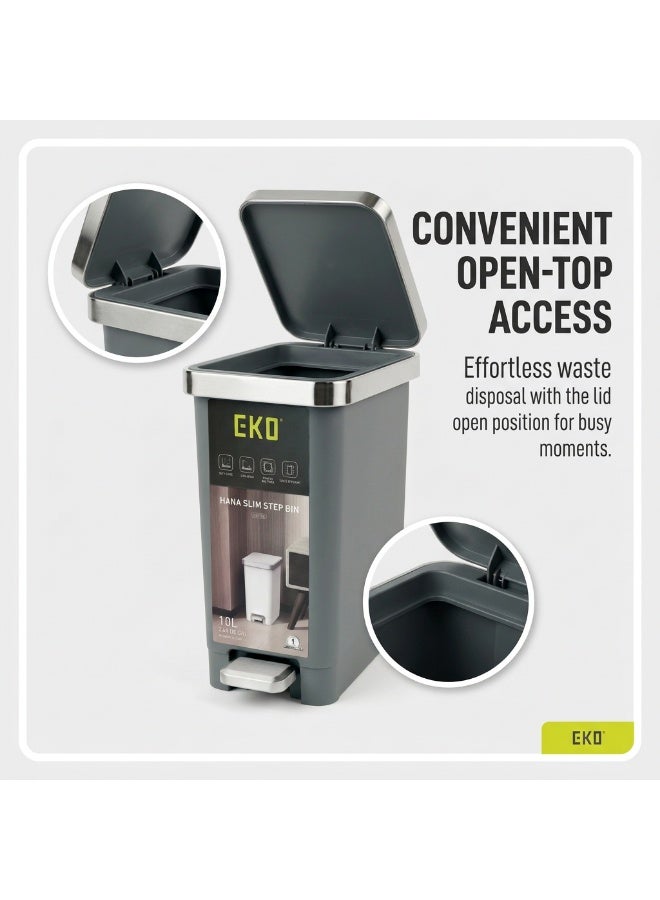 EKO Hana Slim Step Bin 10L | Compact Hands Free Foot Pedal Trash Can | Soft Close Lid with Stay Open Feature | Space Efficient Design for Bathroom and Small Spaces | Grey - Image 4