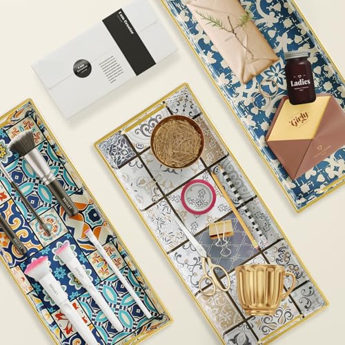Leemxiiny Bathroom Vanity Tray for Countertop, Small Plastic Toilet Tank Tray Versatile Storage & Organization Tray for Makeup, Perfume, Desk, Kitchen, Candles, 13.7"x6"x1.4", 35Boho2 - Image 3