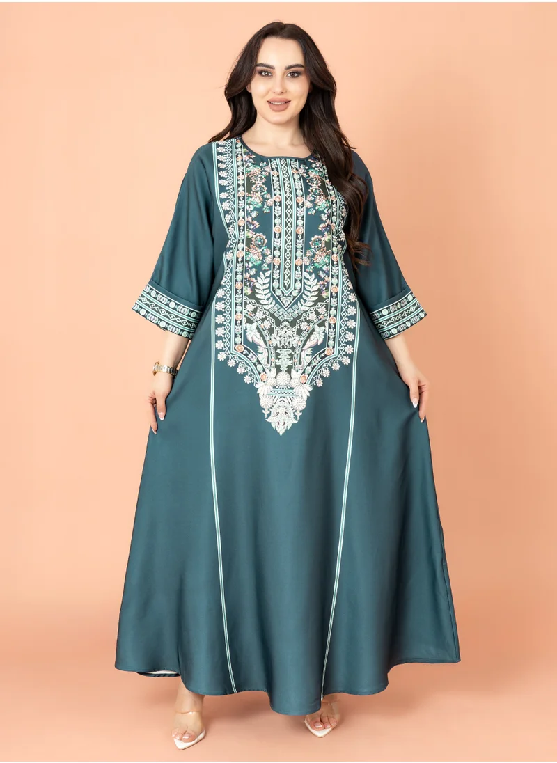 اكسا جلابية سادة منقوشة اخضر