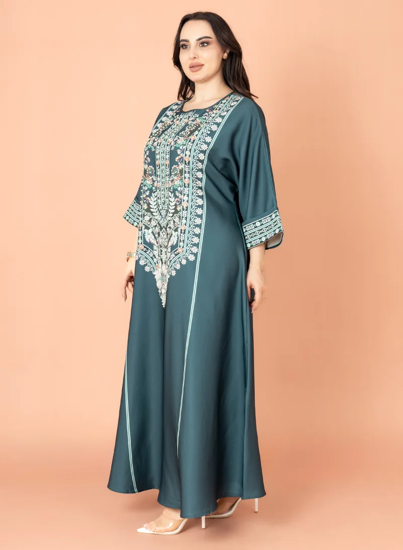 اكسا جلابية سادة منقوشة اخضر