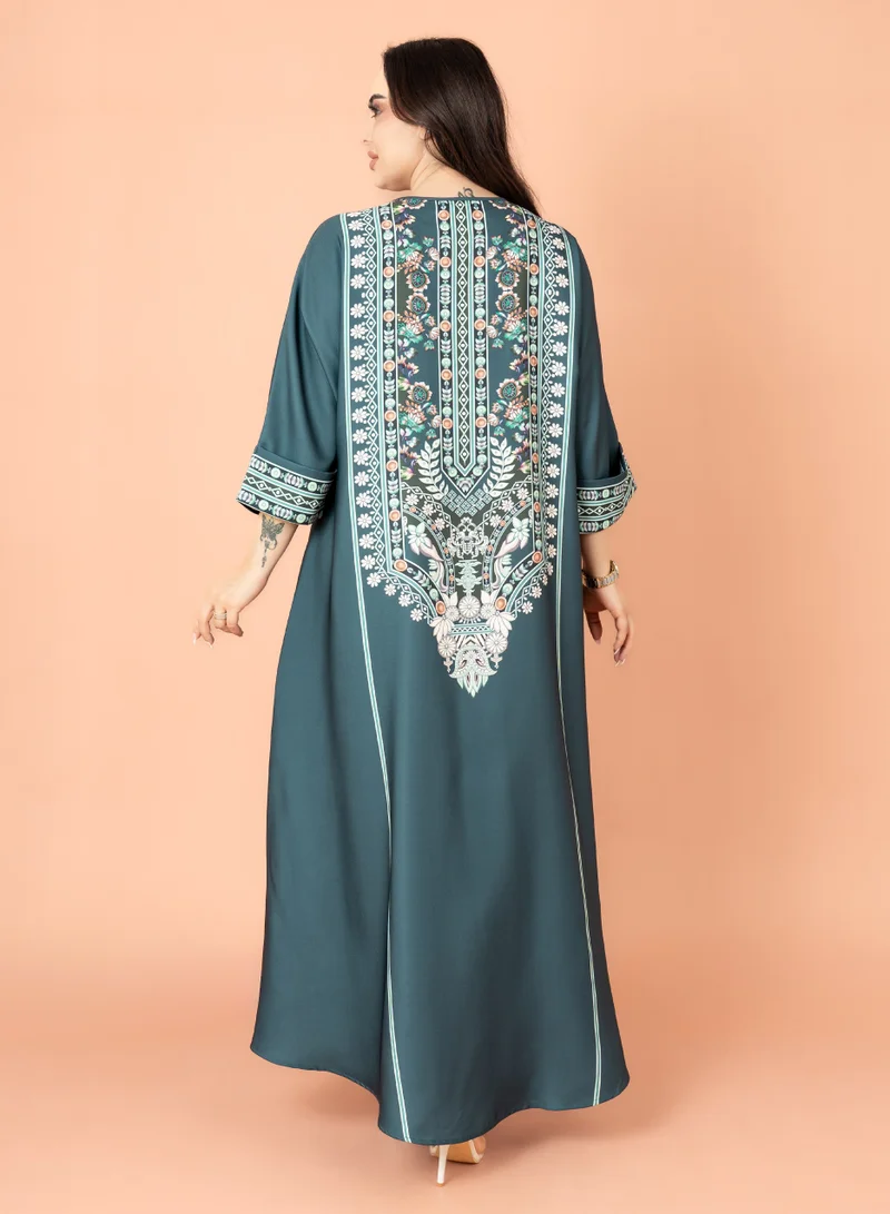 اكسا جلابية سادة منقوشة اخضر