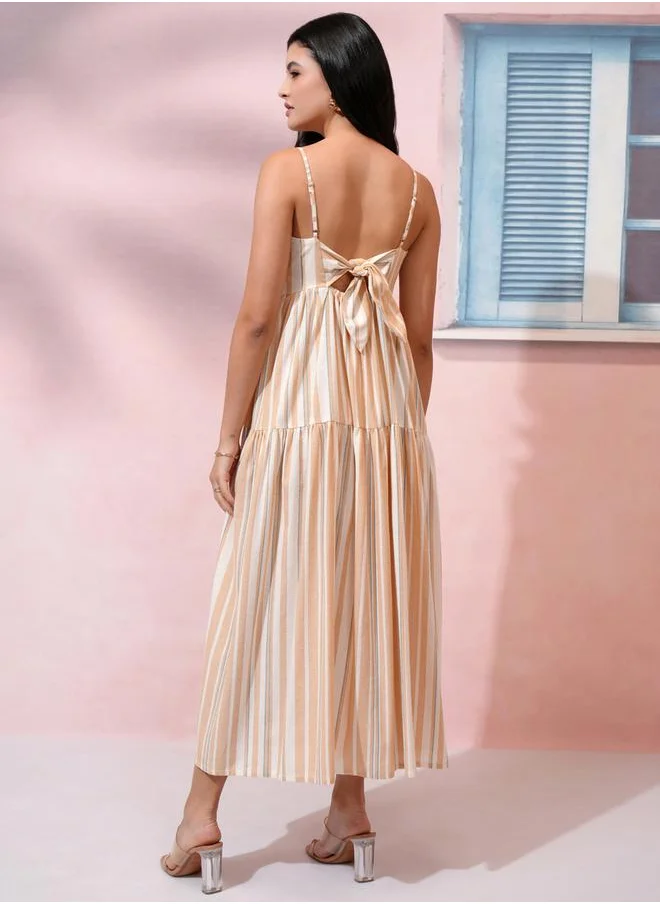 فيشود Striped Cotton A-Line Maxi Dress with Tie-Up Back by Styli