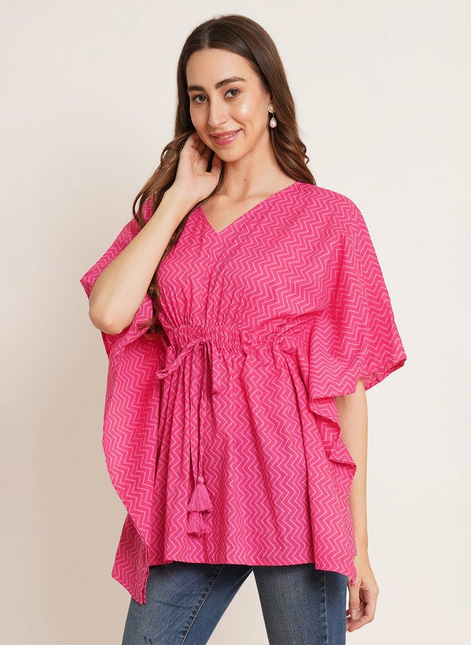 COTLAND FASHION Chevron Printed V-Neck Kimono Sleeve Cotton Cinched Waist Top - Image 3