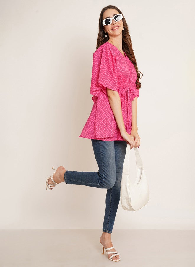 COTLAND FASHION Chevron Printed V-Neck Kimono Sleeve Cotton Cinched Waist Top - Image 5