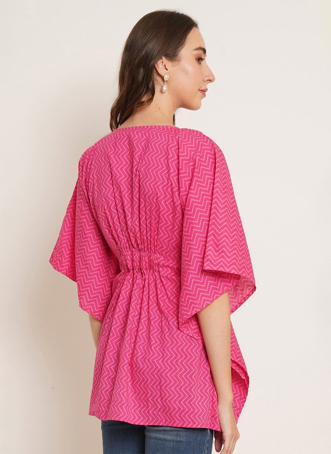 COTLAND FASHION Chevron Printed V-Neck Kimono Sleeve Cotton Cinched Waist Top - Image 4