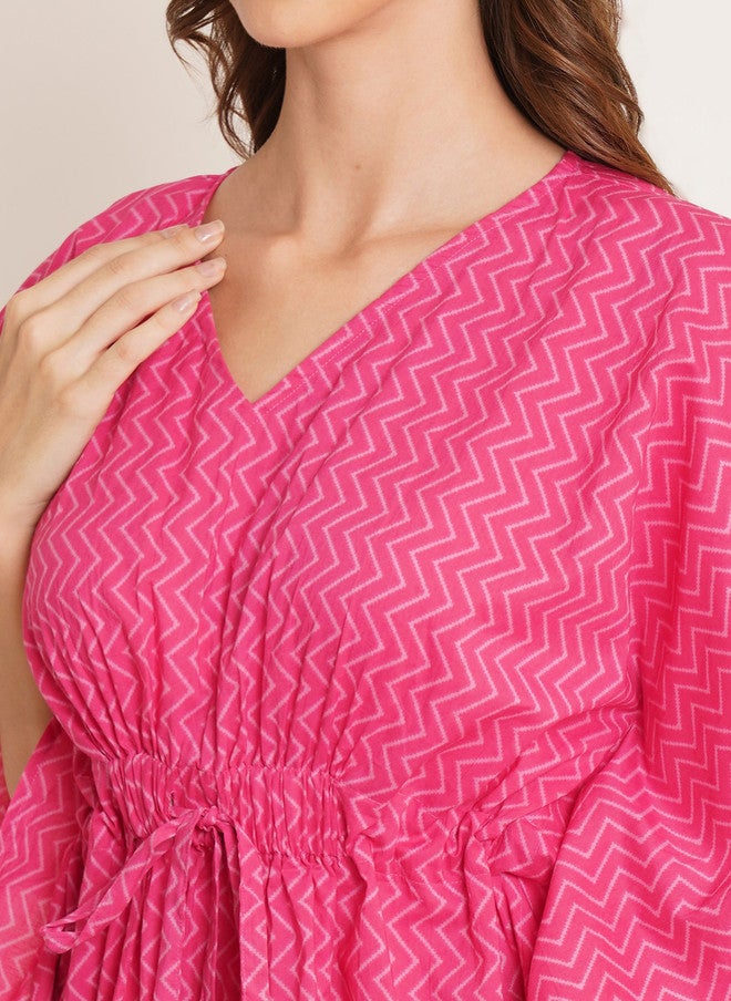 COTLAND FASHION Chevron Printed V-Neck Kimono Sleeve Cotton Cinched Waist Top - Image 2