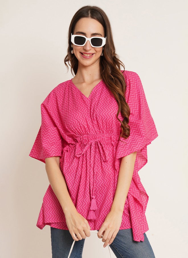 COTLAND FASHION Chevron Printed V-Neck Kimono Sleeve Cotton Cinched Waist Top - Image 1