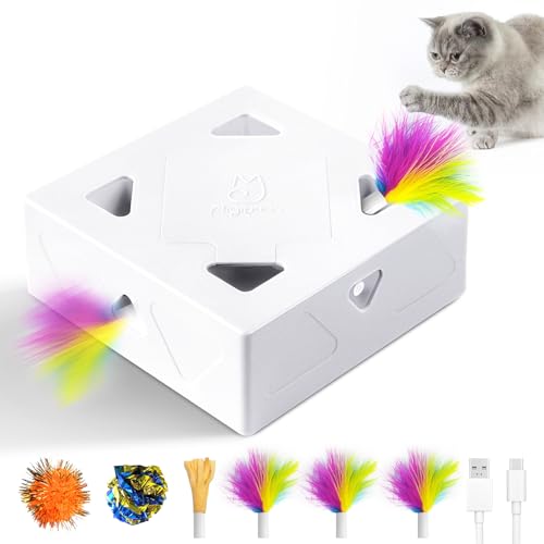 Migipaws Interactive Cat Toys Migibox for Indoor Bored Cats Automatic Pop Out Feathers from 7 Holes Randomly Motion Activated USB Rechargeable Purple Skin - Image 1